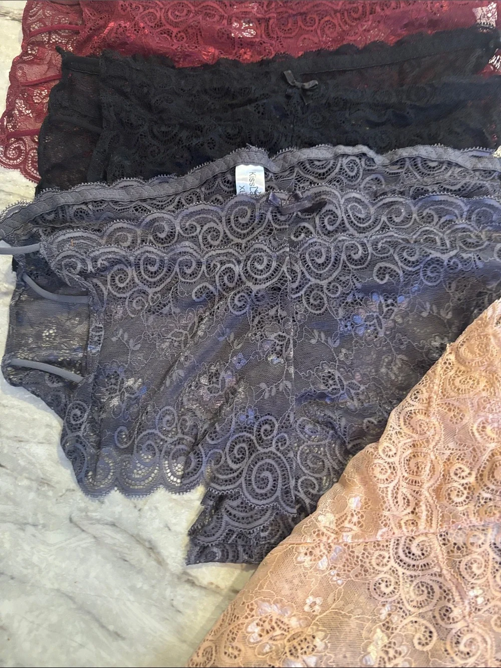 NWT! 5 Pc Kiss Lace Silky Bikini Briefs in Burgundy, Black, Gray & Cream